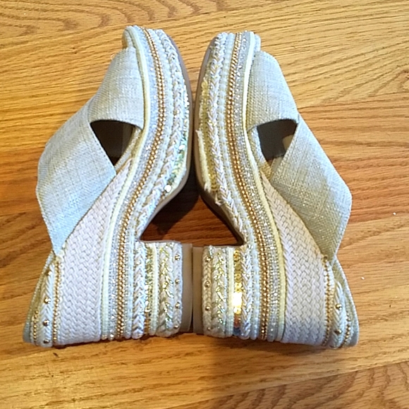 JustFab Platform Block Heel Sequin Beeded Sandals - Picture 5 of 10